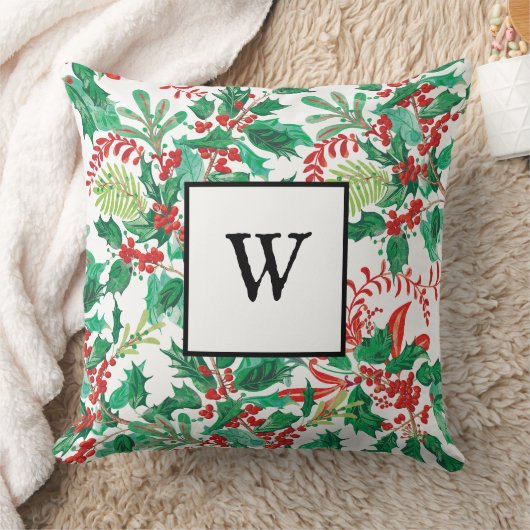 Festive Holly Christmas Monogram Throw Pillow クッション (ブランケット)