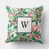 Festive Holly Christmas Monogram Throw Pillow クッション (正面)