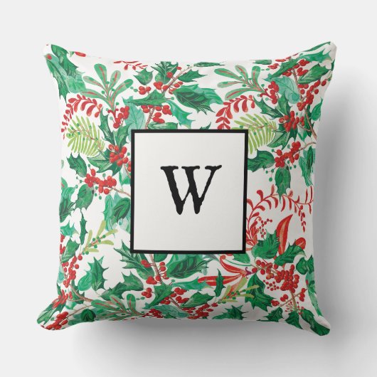 Festive Holly Christmas Monogram Throw Pillow クッション (正面)