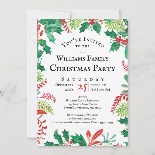 Festive Holly Christmas Red Green Party Invitation 招待状 (正面)