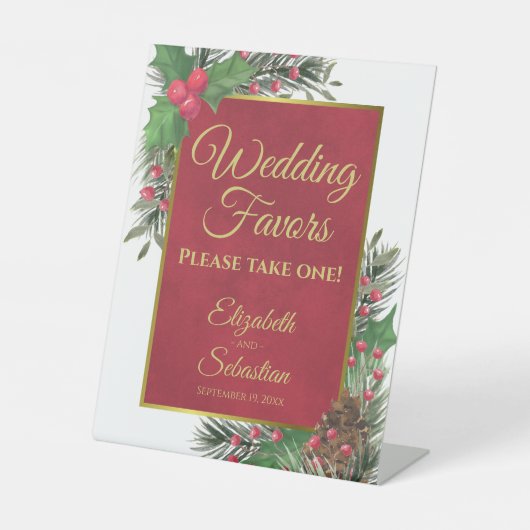 Festive Holly & Pine Christmas Wedding Favors Sign 台座サイン (正面)