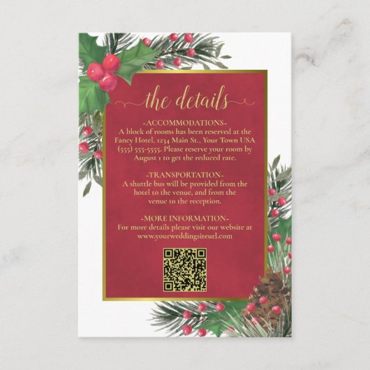 Festive Holly & Pine Wedding Details QR Code エンクロージャーカード (正面)