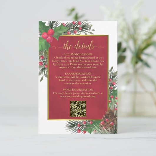 Festive Holly & Pine Wedding Details QR Code エンクロージャーカード (スタンド正面)
