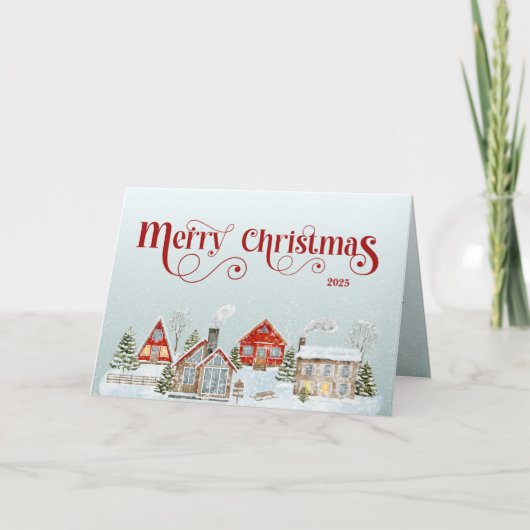 Festive Houses Folded Christmas Holiday Card サンキューカード (正面)