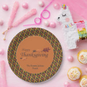 Festive Leaf Pattern Thanksgiving Navy & Gold ペーパープレート (パーティー)