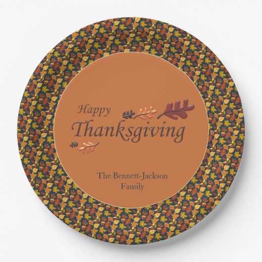 Festive Leaf Pattern Thanksgiving Navy & Gold ペーパープレート (正面)