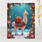 Festive Llama Carrying Gifts in Snowy Scene カード (黄色い花)