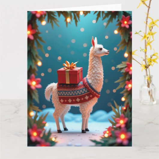 Festive Llama Carrying Gifts in Snowy Scene カード (黄色い花)