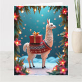 Festive Llama Carrying Gifts in Snowy Scene カード (正面)