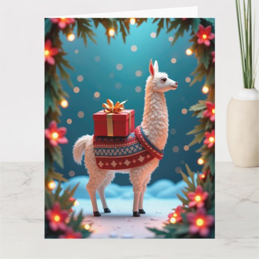 Festive Llama Carrying Gifts in Snowy Scene カード (正面)