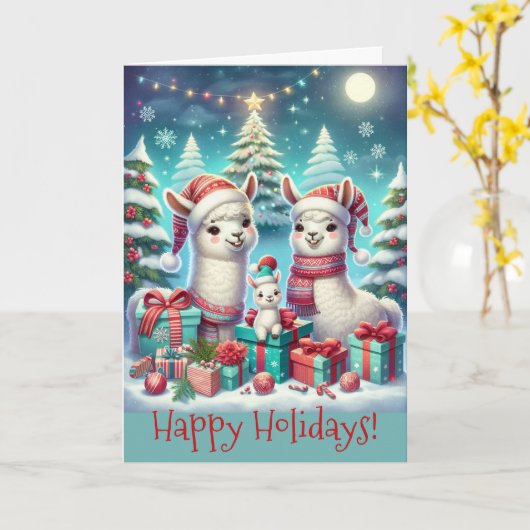 Festive Llama Family Christmas カード (黄色い花)