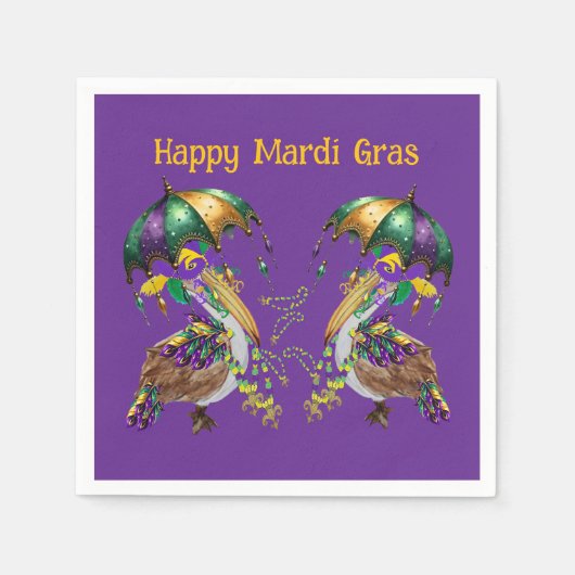 Festive Louisiana Pelican Mardi Gras スタンダードカクテルナプキン (正面)