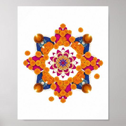 Festive Marigold & Diya Rangoli Wall Art ポスター (正面)