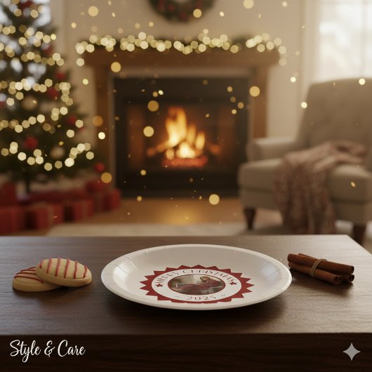 Festive Merry Christmas Custom Photo Text Party ペーパープレート