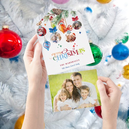 Festive Merry Christmas Pine & Baubles 4 Photo オールインワン招待状