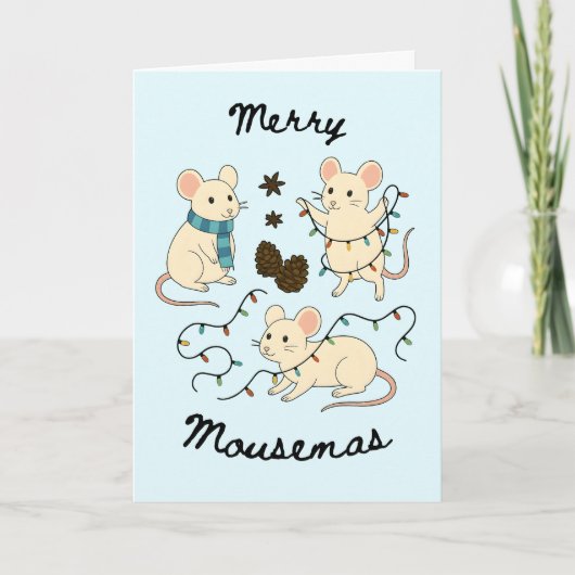 Festive Mice with Fairy Lights – Christmas Card カード (正面)