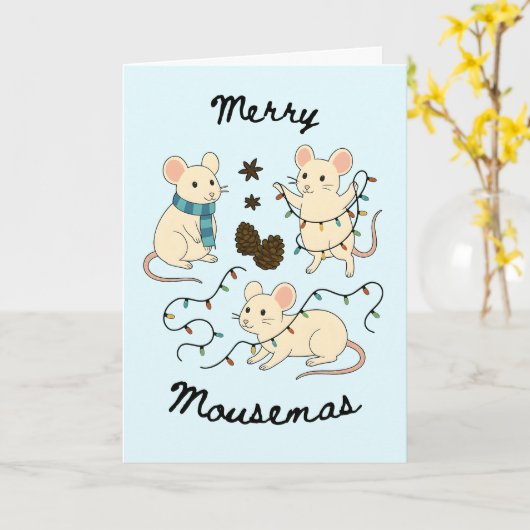 Festive Mice with Fairy Lights – Christmas Card カード (黄色い花)