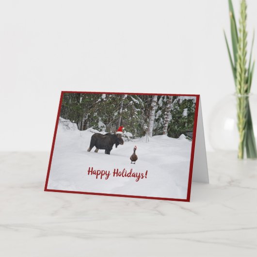 Festive moose in snow with duck holiday card サンキューカード (正面)