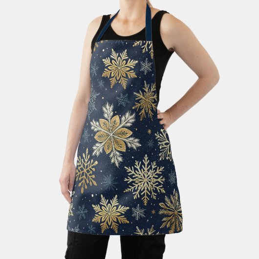Festive Navy Blue & Gold Snowflake Pattern エプロン (インサイチュ)