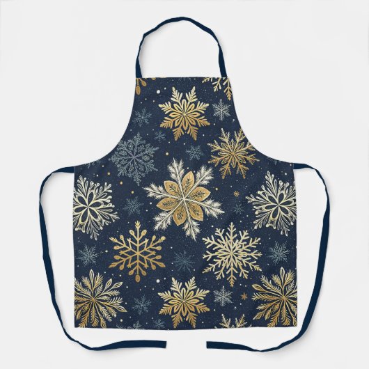 Festive Navy Blue & Gold Snowflake Pattern エプロン (正面)