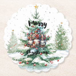 Festive Nordic Gnome Trio with Candles and Winter ペーパーコースター