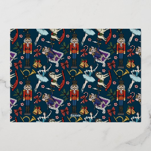 Festive Nutcracker Ballet Christmas Party Navy 箔招待状 (裏面)