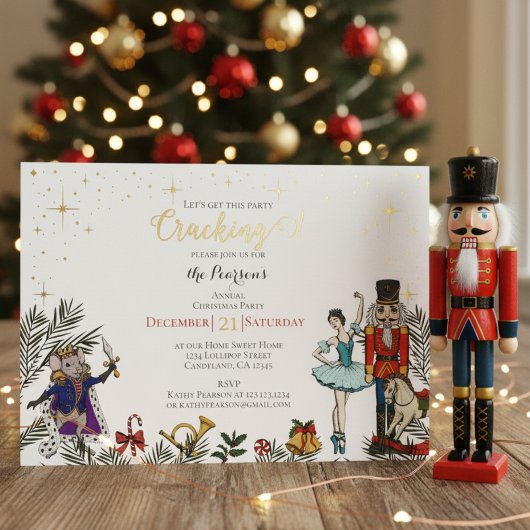 Festive Nutcracker Ballet Christmas Party White 箔招待状