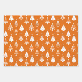 Festive Orange and White Christmas Tree Pattern ラッピングペーパーシート