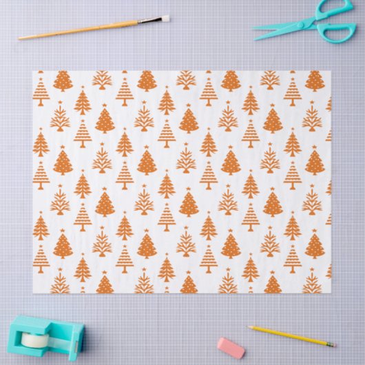 Festive Orange and White Christmas Tree Pattern 薄葉紙 (クラフト)