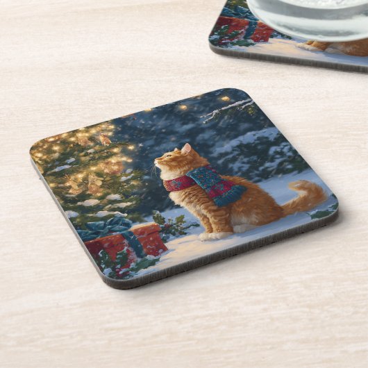 Festive Orange Cat Hard Plastic Coaster Set コースター (左側)