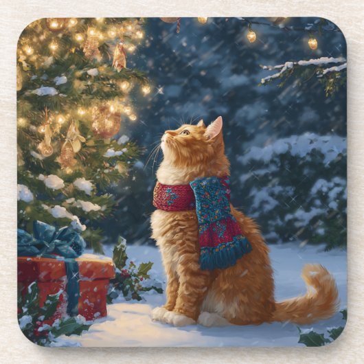 Festive Orange Cat Hard Plastic Coaster Set コースター (正面)