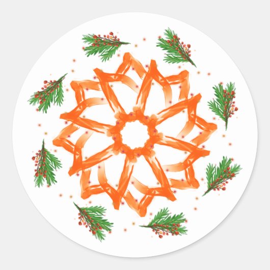 Festive Orange Floral Christmas ラウンドシール (正面)