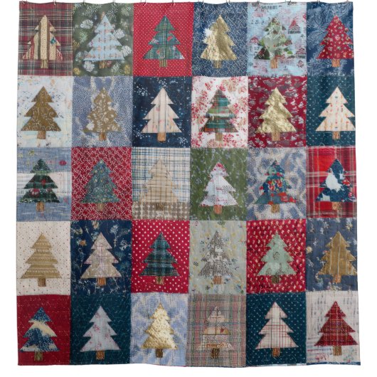 Festive Patchwork Christmas Tree Pattern (4) シャワーカーテン (正面)