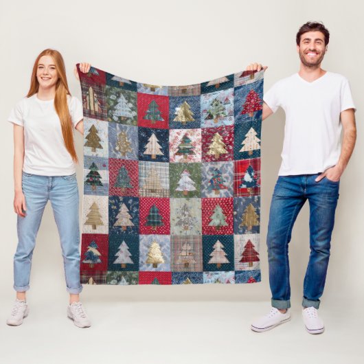 Festive Patchwork Christmas Tree Pattern (4) フリースブランケット (インサイチュ)
