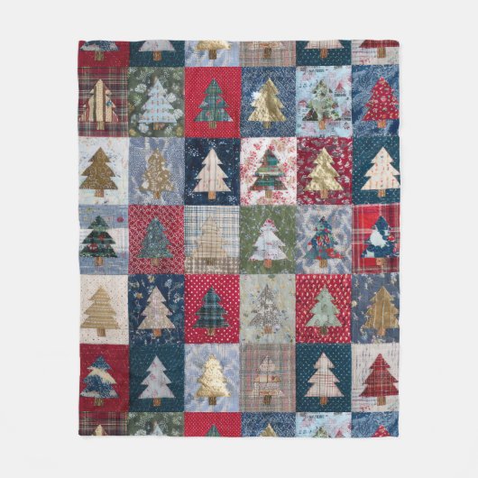 Festive Patchwork Christmas Tree Pattern (4) フリースブランケット (正面)