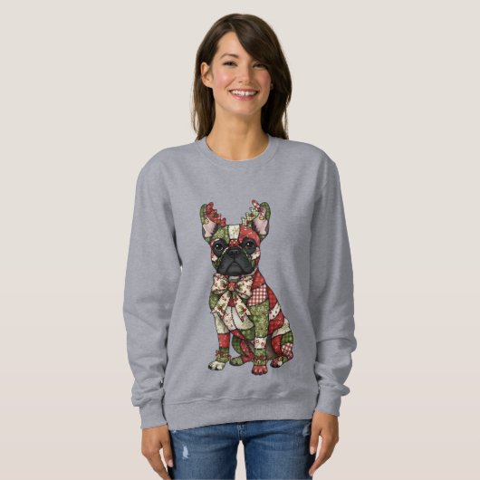 Festive Patchwork French Bulldog Christmas スウェットシャツ (正面フル)