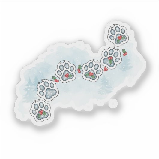 Festive Paw Prints Christmas Holly & Snowflake シール (正面)