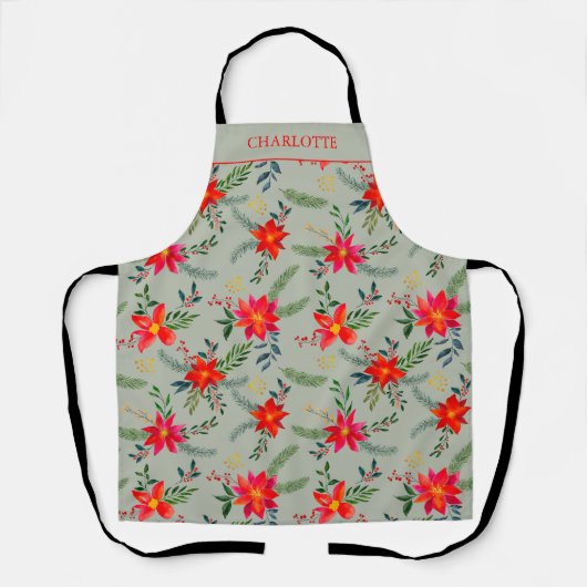 Festive Personalized Red ChristmasFloral エプロン (正面)