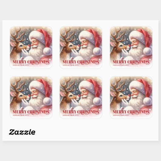 Festive Personalized Santa and Rudolph Christmas  スクエアシール (シート)