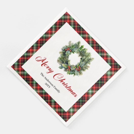 Festive Pine Wreath Christmas Napkins Custom Text (コーナー)