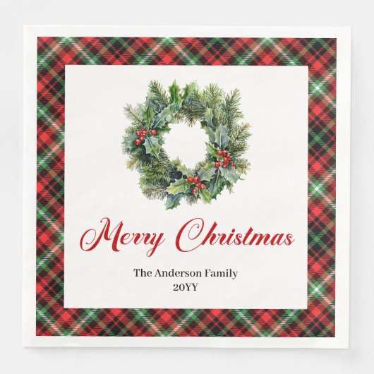 Festive Pine Wreath Christmas Napkins Custom Text (正面)