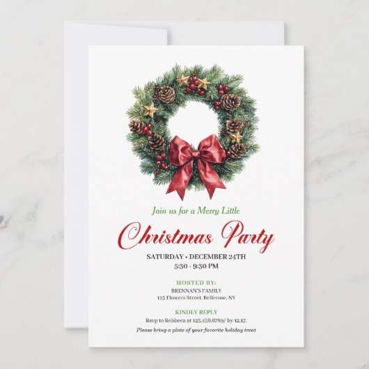 Festive Pine Wreath Christmas Party Editable Card 招待状 (正面)