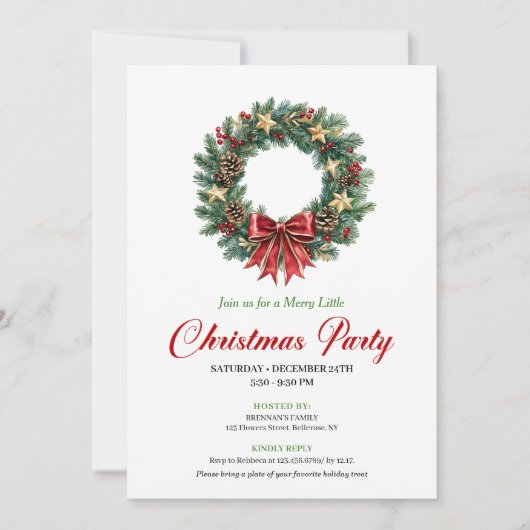 Festive Pine Wreath Christmas Party Invitation 招待状 (正面)