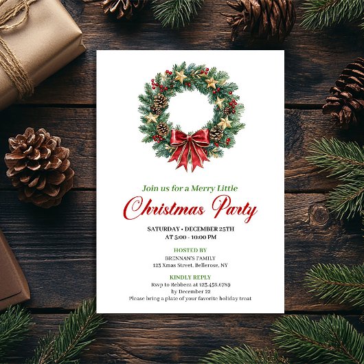 Festive Pine Wreath Christmas Party Invitation 招待状