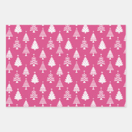 Festive Pink and White Christmas Tree Pattern ラッピングペーパーシート