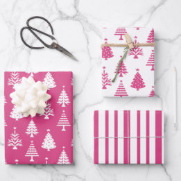 Festive Pink and White Christmas Tree Pattern ラッピングペーパーシート