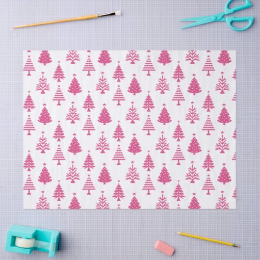Festive Pink and White Christmas Tree Pattern 薄葉紙 (クラフト)