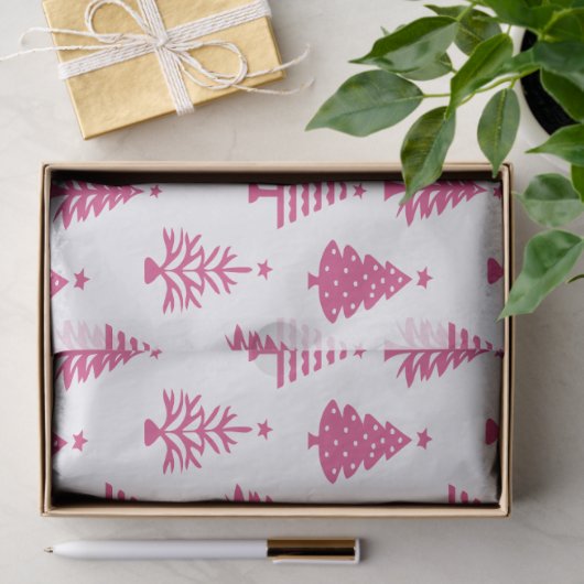 Festive Pink and White Christmas Tree Pattern 薄葉紙 (ギフト)