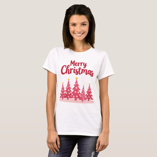 Festive Pink Christmas Trees 'Merry Christmas'  Tシャツ (正面フル)