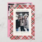 Festive Pink Green Plaid Christmas Photo Letter シーズンカード (正面/裏面)